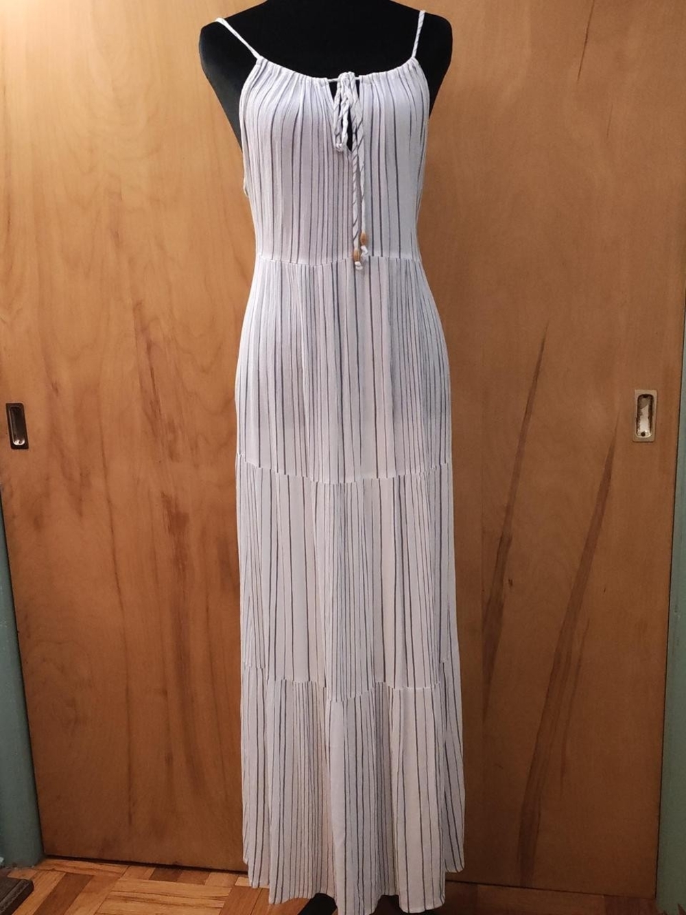 Kona Sol White & Light Blue Striped Tiered Maxi Dress